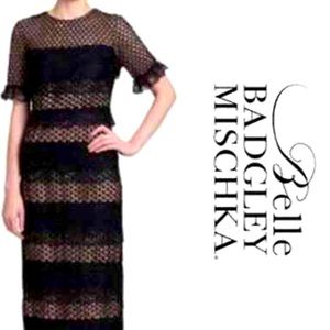 Badgley Mischka Dress Long Black Tiered Lace Gown Size 6 NWOT